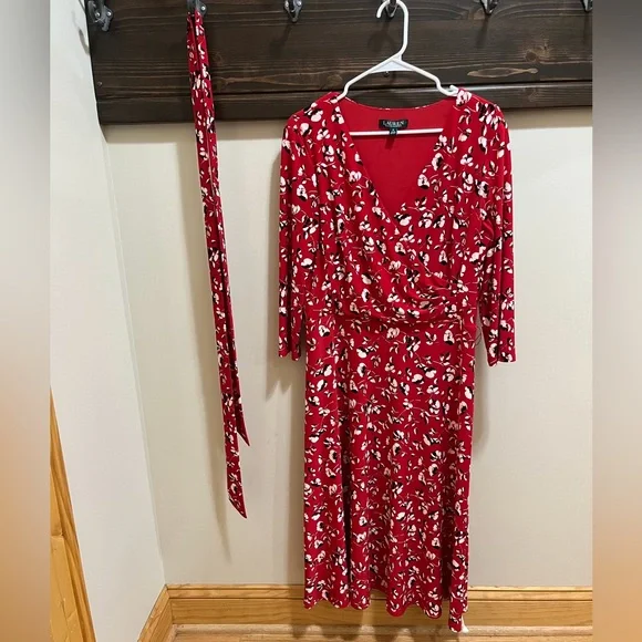 Lauren Ralph Lauren Red Floral Faux Wrap Jersey Dress Size 12 - Picture 13 of 15
